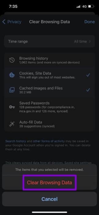 Clear-Browsing-Data-in-Chrome-for-iPhone أفضل 7 طرق لإصلاح عدم عمل Google Chrome على iPhone