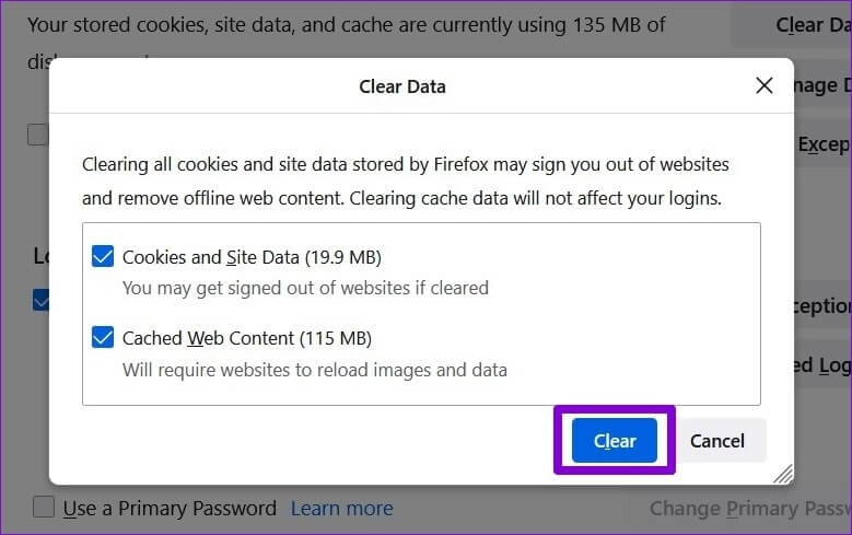 Clear-Cache-and-Cookies-in-Firefox أهم 7 طرق لإصلاح عدم تشغيل مقاطع الفيديو على Firefox