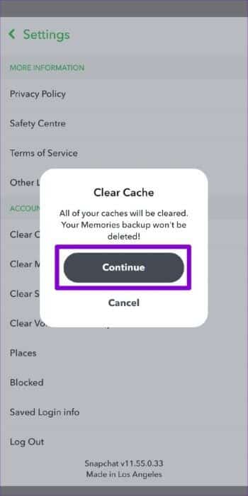 Confirm-Clear-Cache-on-Snapchat-512x1024-1 أفضل 8 طرق لإصلاح عدم تحميل Snaps على Snapchat