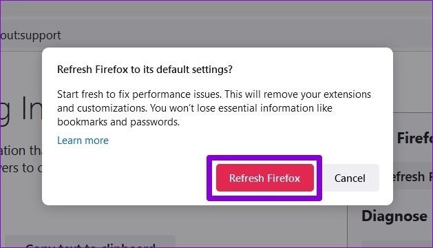Confirm-Refresh-Firefox أهم 7 طرق لإصلاح عدم تشغيل مقاطع الفيديو على Firefox