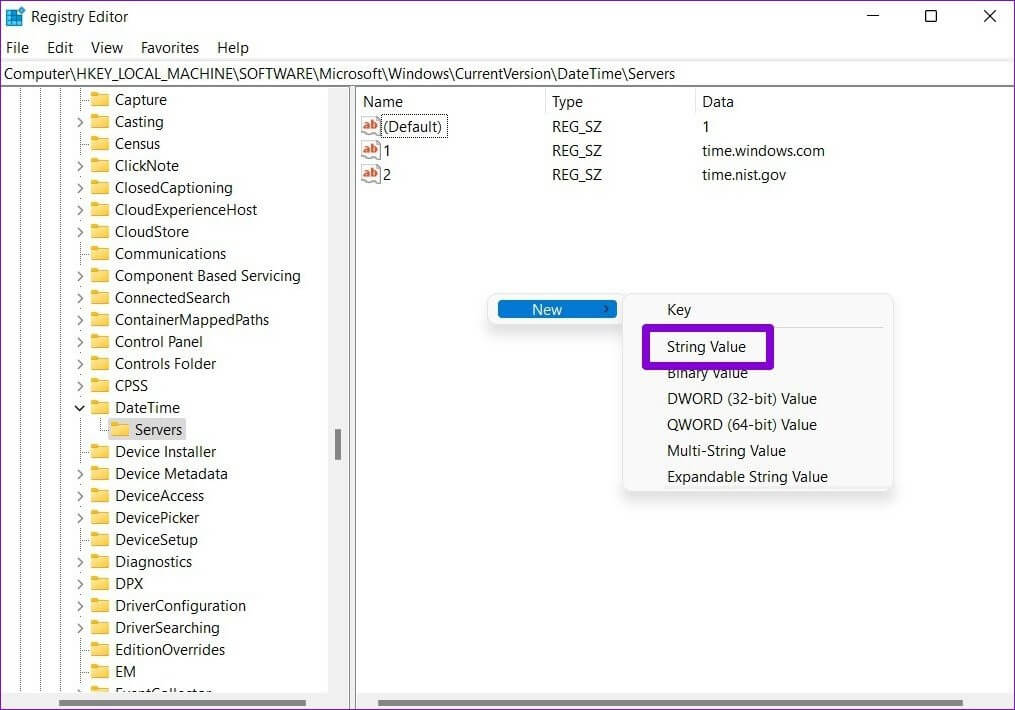 Create-a-String-Value-in-Registry أفضل 7 طرق لإصلاح فشل مزامنة الوقت على Windows 11