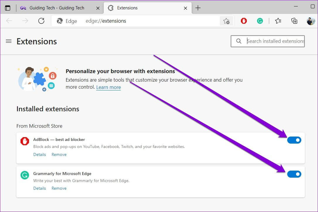 Disable-Extensions-in-Edge أفضل 7 طرق لإصلاح عدم تشغيل مقاطع الفيديو في Microsoft Edge