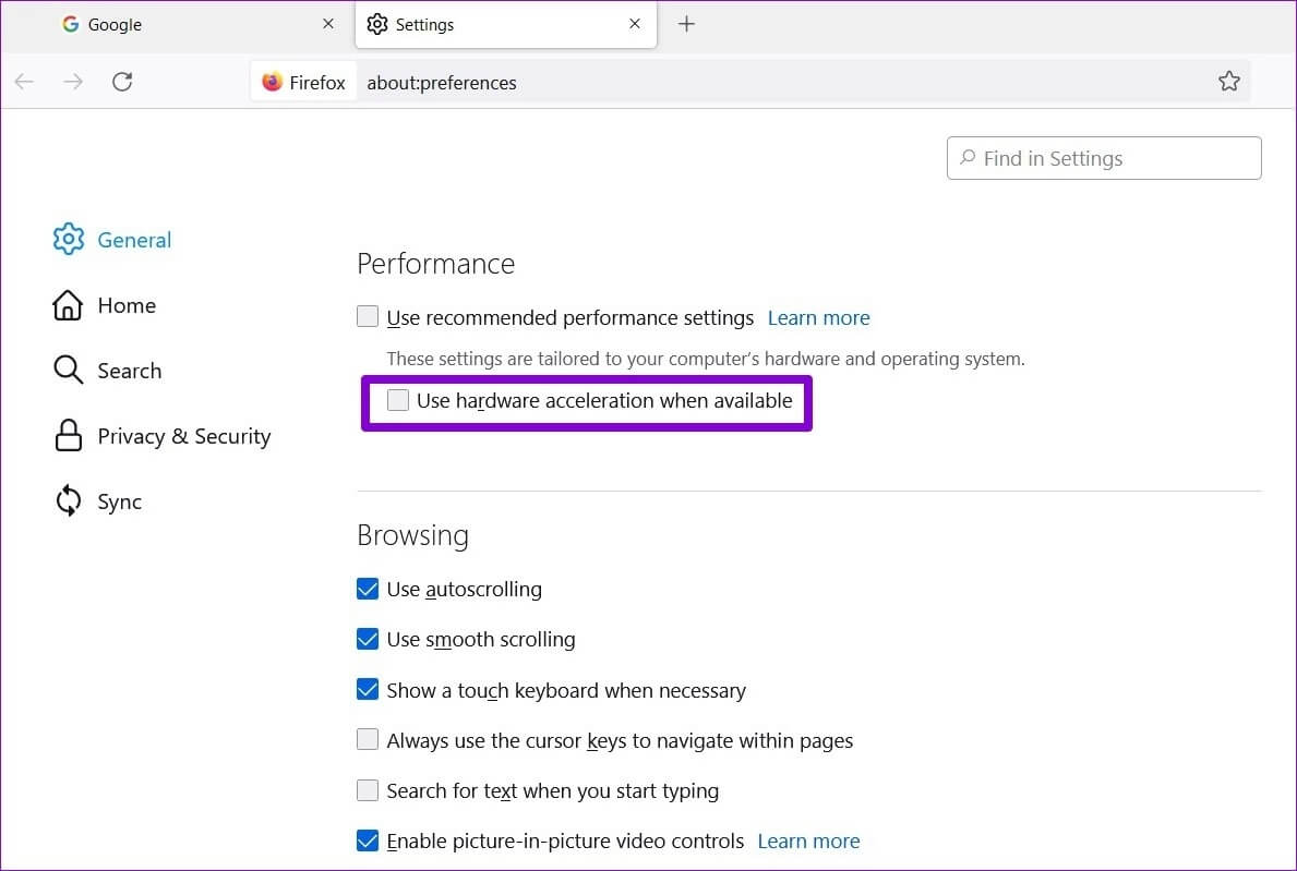 Disable-Hardware-Acceleration-in-Firefox أهم 7 طرق لإصلاح عدم تشغيل مقاطع الفيديو على Firefox