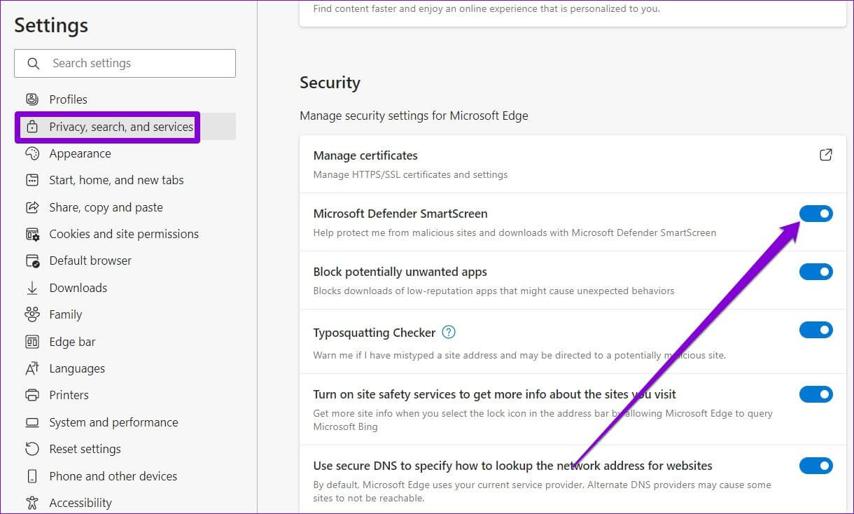 Disable-SmartScreen-in-Edge أفضل 7 طرق لإصلاح عدم تشغيل مقاطع الفيديو في Microsoft Edge