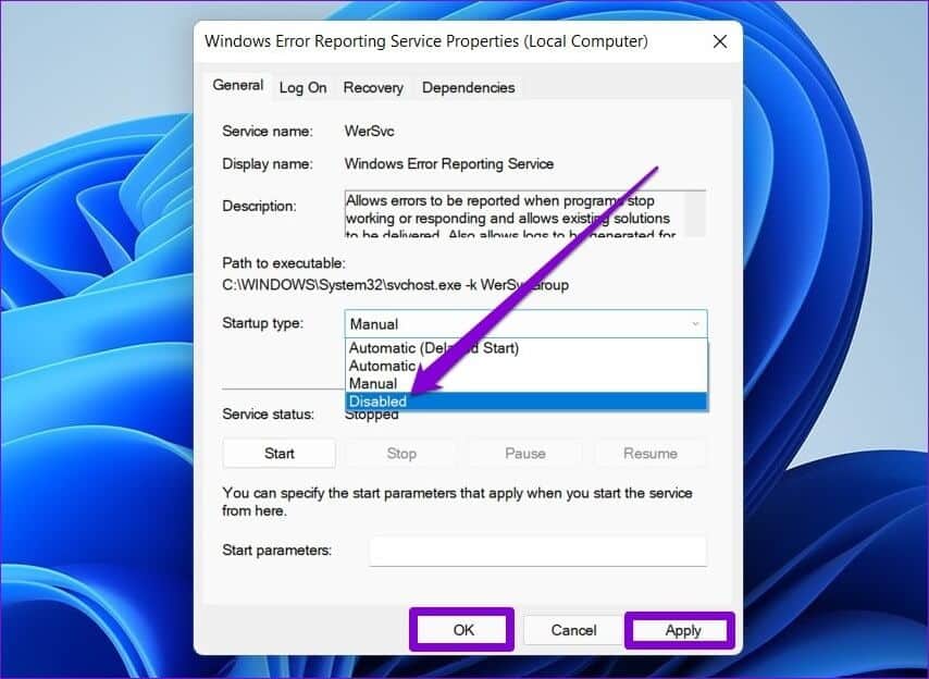 Disable-Windows-Error-Reporting-Service أفضل 7 إصلاحات لاستمرار سطح المكتب في التحديث على Windows 11