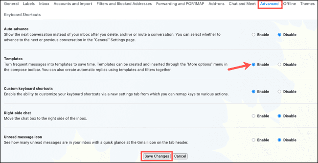 EnableTemplates-GmailSendAutomaticEmail كيفية إرسال رسائل بريد إلكتروني للرد التلقائي في Gmail
