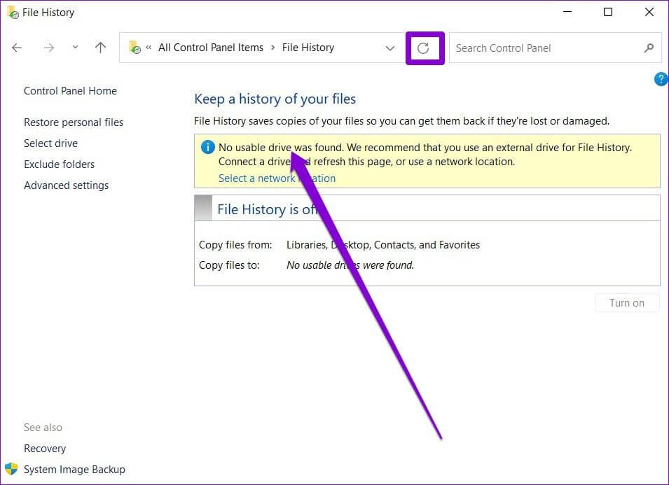 File-History-Greyed-Out كيفية استخدام محفوظات الملفات للنسخ الاحتياطي واستعادة الملفات على Windows 11