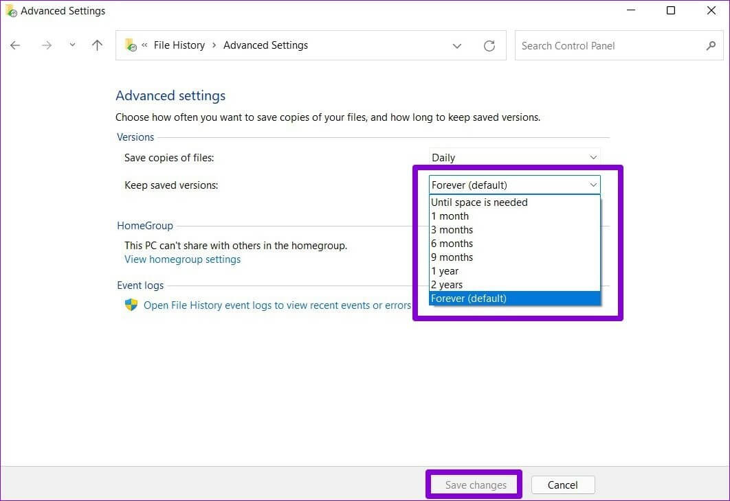 File-History-Saved-Version-Expiry كيفية استخدام محفوظات الملفات للنسخ الاحتياطي واستعادة الملفات على Windows 11