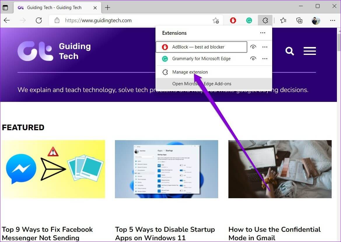 Manage-Extensions-in-Edge أفضل 7 طرق لإصلاح عدم تشغيل مقاطع الفيديو في Microsoft Edge