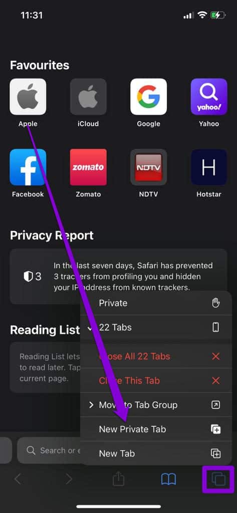 Open-Private-Window-in-Safari أفضل 8 طرق لإصلاح عدم تشغيل Safari لمقاطع الفيديو على iPhone