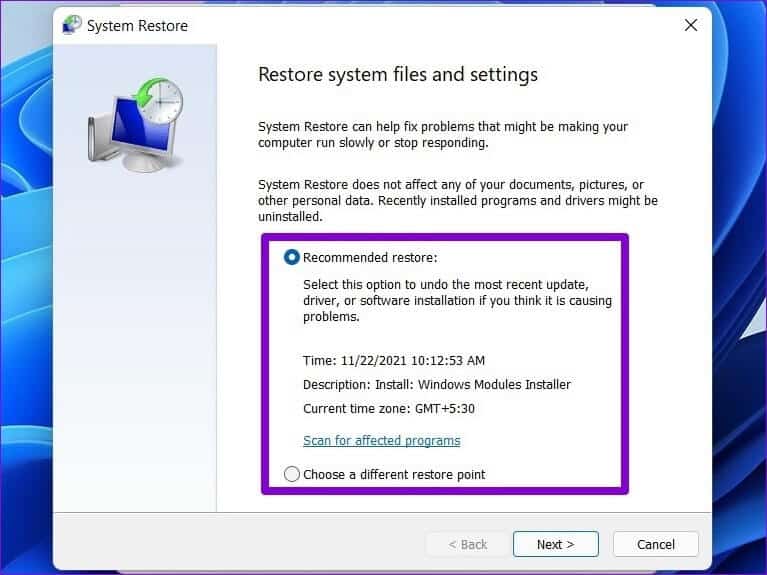 Perform-a-System-Restore-2 أفضل 5 طرق لإصلاح خطأ "عثرت حماية موارد Windows على ملفات تالفة" على Windows 11