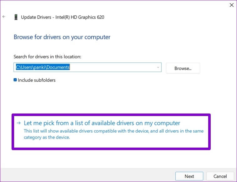 Pick-Drivers-Manually أفضل 7 طرق لإصلاح عدم عمل السطوع على أجهزة الكمبيوتر المحمولة التي تعمل بنظام Windows 11