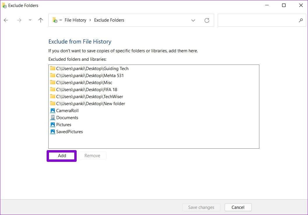 Remove-Folders-from-File-History كيفية استخدام محفوظات الملفات للنسخ الاحتياطي واستعادة الملفات على Windows 11
