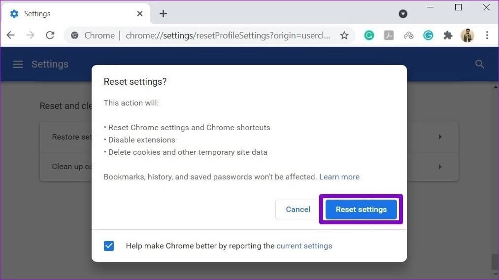 Reset-Chrome-to-Factory-Default أفضل 8 طرق لإصلاح خطأ "تم قطع اتصالك" على Chrome