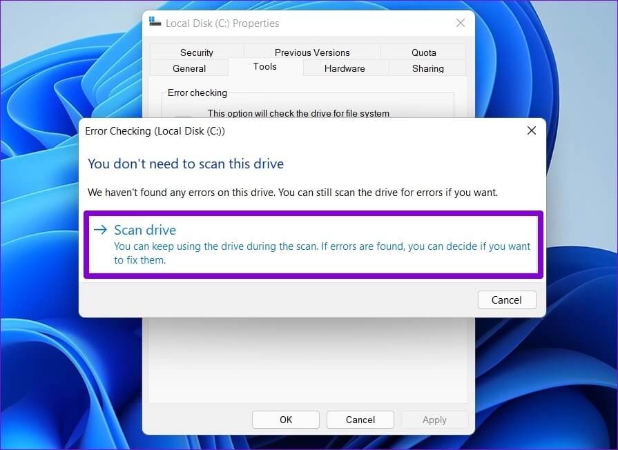 Scan-Drive-on-Windows أفضل 5 طرق لإصلاح خطأ "عثرت حماية موارد Windows على ملفات تالفة" على Windows 11