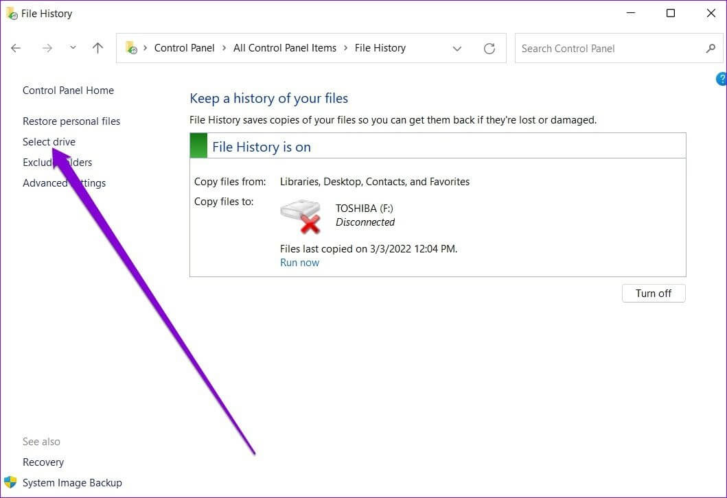 Select-Drive-for-File-History كيفية استخدام محفوظات الملفات للنسخ الاحتياطي واستعادة الملفات على Windows 11
