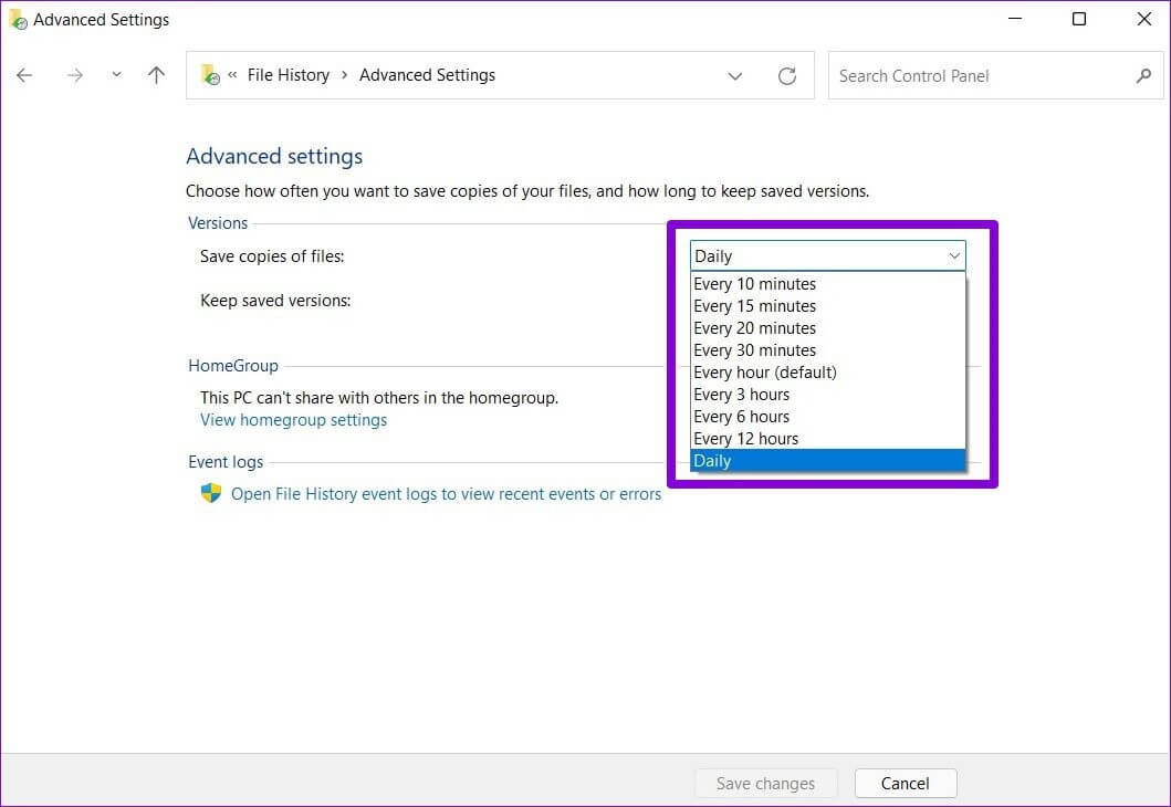 Set-File-History-Backup-Frequency-1 كيفية استخدام محفوظات الملفات للنسخ الاحتياطي واستعادة الملفات على Windows 11
