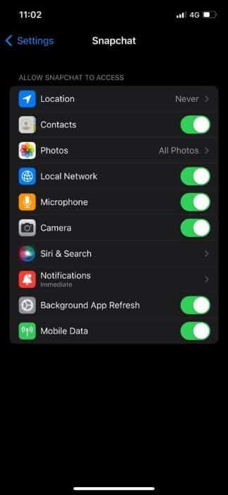 Snapchat-App-Permissions-iPhone أفضل 8 طرق لإصلاح عدم تحميل Snaps على Snapchat