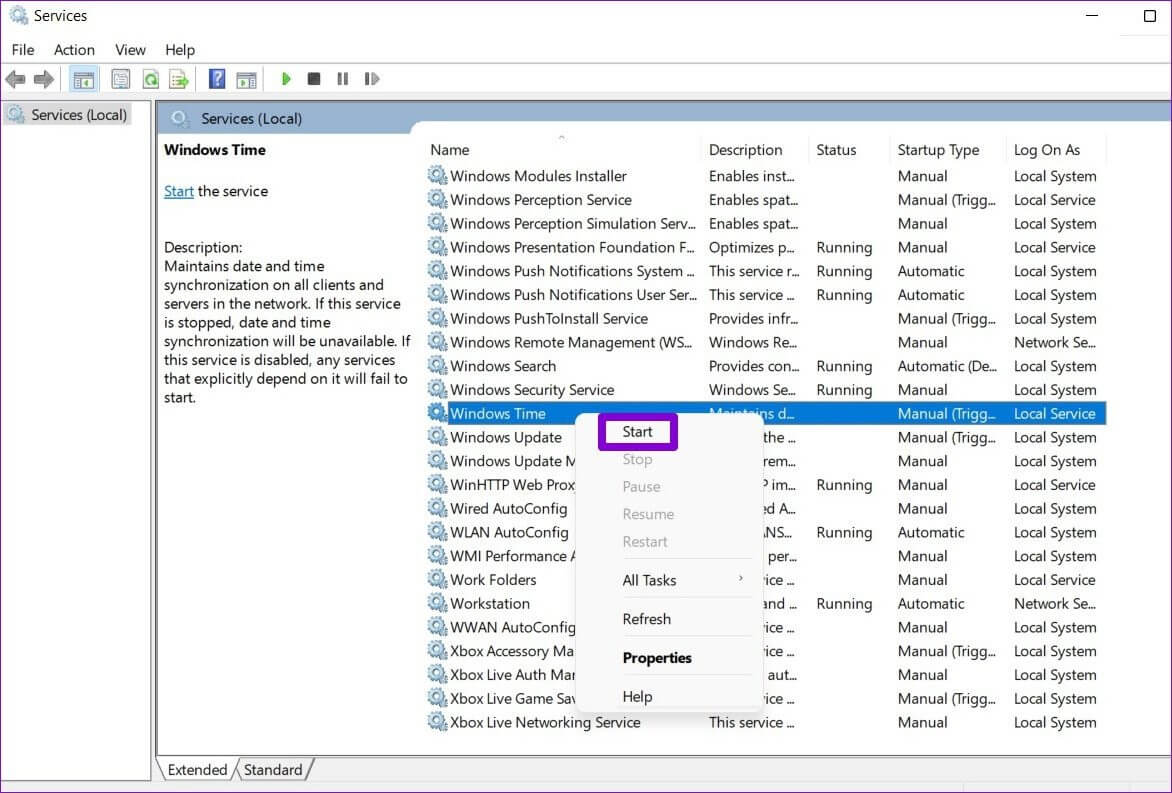 Start-Windows-Service أفضل 7 طرق لإصلاح فشل مزامنة الوقت على Windows 11
