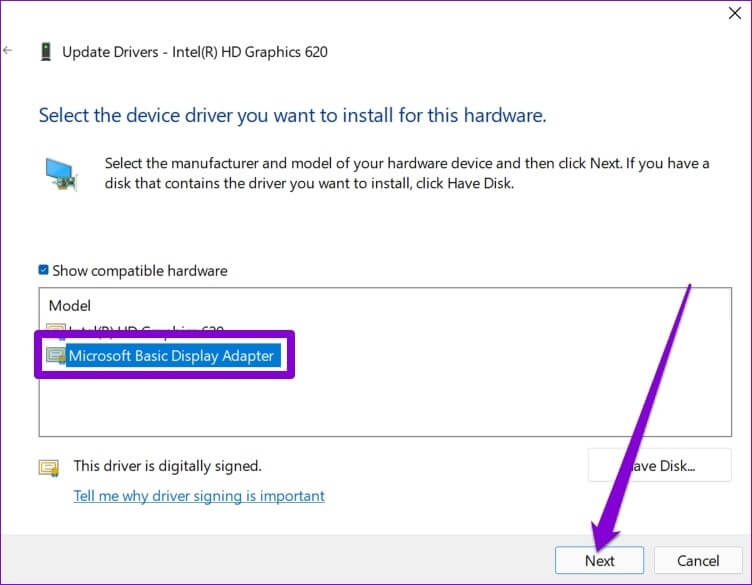 Switch-Microsoft-Basic-Display-Adapter-on-Windows أفضل 7 طرق لإصلاح عدم عمل السطوع على أجهزة الكمبيوتر المحمولة التي تعمل بنظام Windows 11