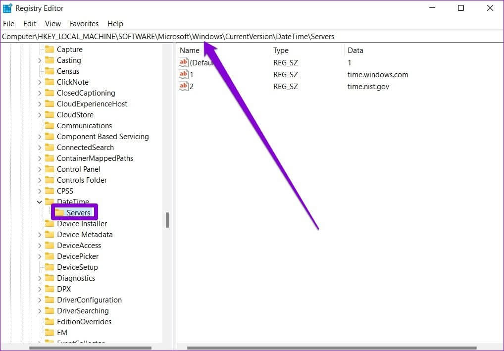 Time-Servers-on-Registry-Editor أفضل 7 طرق لإصلاح فشل مزامنة الوقت على Windows 11