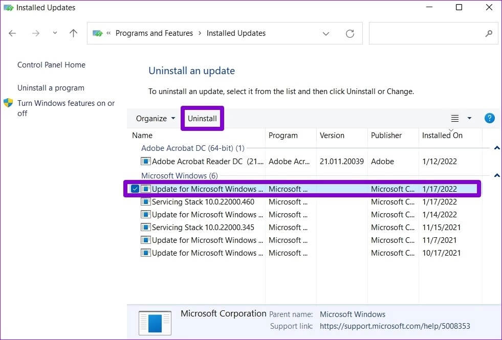 Uninstall-Windows-Update-2 أفضل 5 طرق لإصلاح خطأ "عثرت حماية موارد Windows على ملفات تالفة" على Windows 11