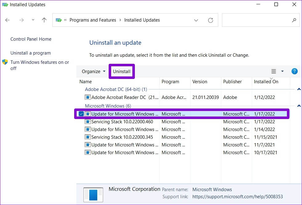 Uninstall-Windows-Update-3 أفضل 6 طرق لإصلاح Windows 11 عالق عند شاشة إعادة تشغيل
