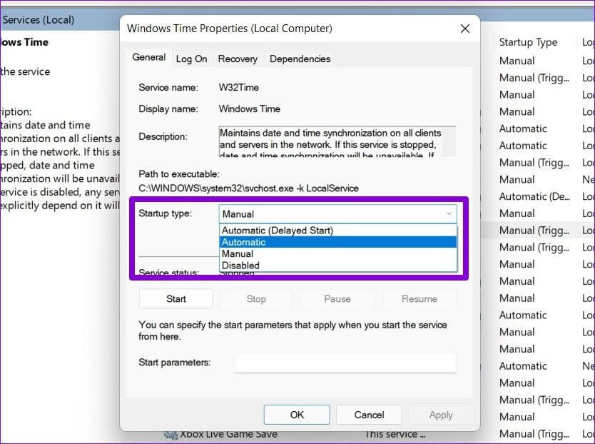 Windows-Time-Service-Properties أفضل 7 طرق لإصلاح فشل مزامنة الوقت على Windows 11