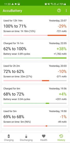 accubattery-history-tab كيفية التحقق من صحة البطارية على Android