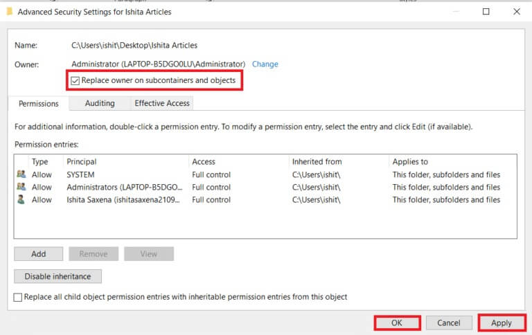 advance-security-settings-window-768x484-1 كيفية تغيير أذونات الملفات في نظام التشغيل Windows 10