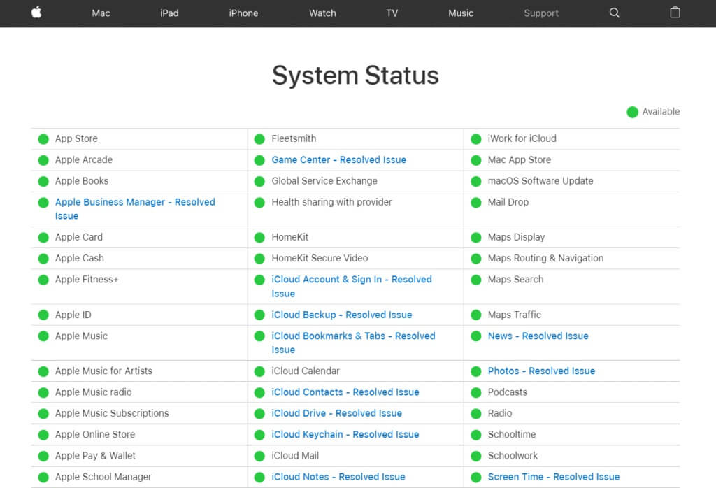 apple-suport-system-status-page-1024x698-1 إصلاح خطأ فشل التحقق عند الاتصال بخادم معرف Apple