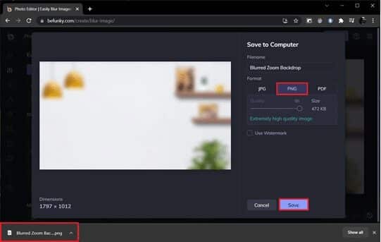 befunky-save-to-computer-pop-up كيفية تعتيم الخلفية في Zoom