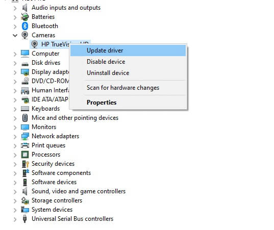 cameras-options-update-driver-selected- إصلاح الخطأ 0xC00D36D5 لا توجد كاميرات مرفقة في Windows 10