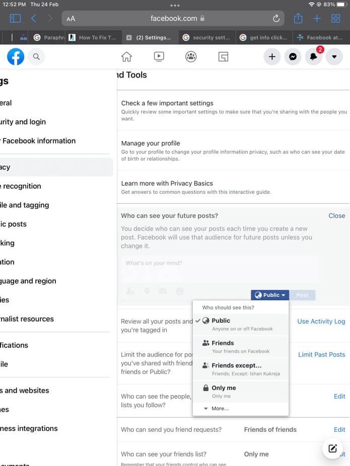 change-privacy-settings-to-public-facebook-1 إصلاح خطأ عدم توفر مرفق Facebook
