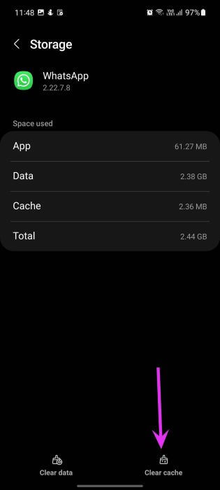 clear-whatsapp-cache-fix-whatsapp-not-sending-videos أفضل 8 طرق لإصلاح عدم إرسال WhatsApp لمقاطع فيديو على iPhone و Android
