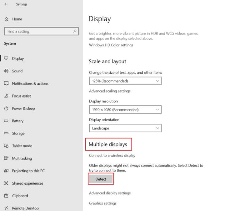click-on-Detect-underder-Multiple-displays-section-in-display-system-settings-in-windows-10-768x673-1 كيفية تكرار الشاشة على نظام التشغيل Windows 10