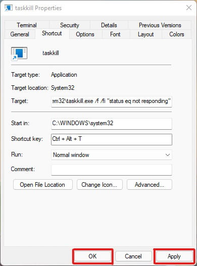 click-on-apply-and-then-ok-to-set-the-shortcut-1 كيفية فرض إنهاء برنامج على Windows 11