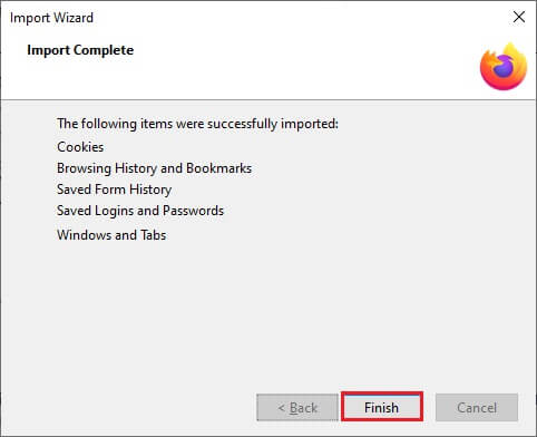 click-on-finish-in-the-import-wizard-window إصلاح Firefox قيد التشغيل بالفعل