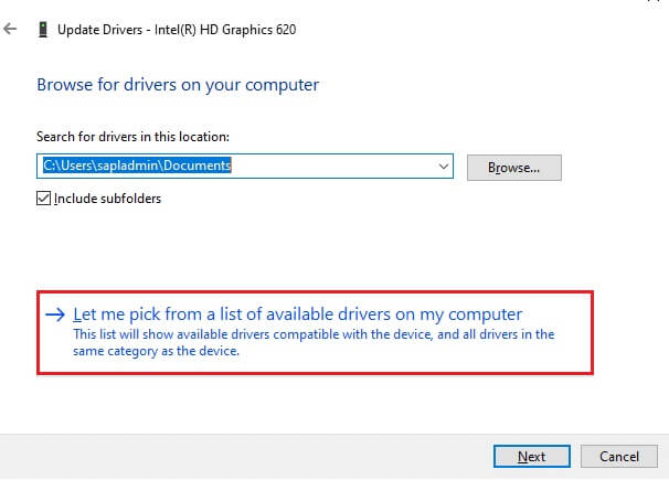 click-on-let-me-pick-from-a-list-of-available-driv إصلاح عدم عمل سطوع Windows 10