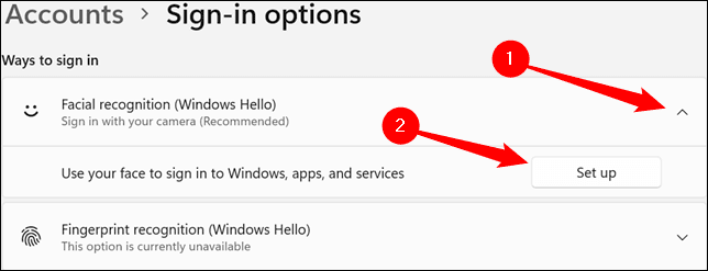 click-the-chevron-then-click-set-up-1 كيفية استخدام Windows Hello Webcam لتسجيل الدخول على Windows 11