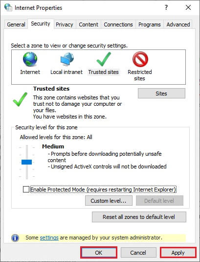 close-the-trusted-sites-window-and-click-on-apply إصلاح رمز الخطأ 5003 Zoom غير قادر على الاتصال