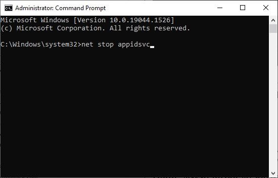 command-prompt-with-net-stop-appidsvc-command- إصلاح الخطأ 0xC00D36D5 لا توجد كاميرات مرفقة في Windows 10