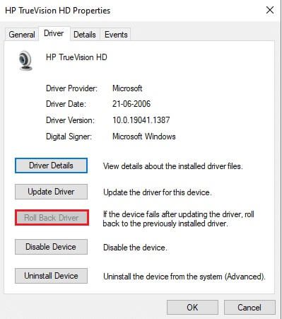 driver-tab-with-roll-back-driver-highlighted- إصلاح الخطأ 0xC00D36D5 لا توجد كاميرات مرفقة في Windows 10