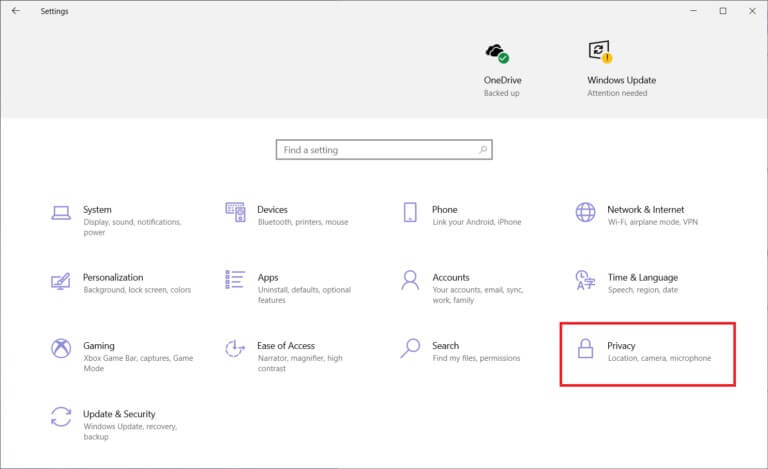in-the-setting-application-click-on-the-privacy-768x469-1 إصلاح الخطأ 0xC00D36D5 لا توجد كاميرات مرفقة في Windows 10