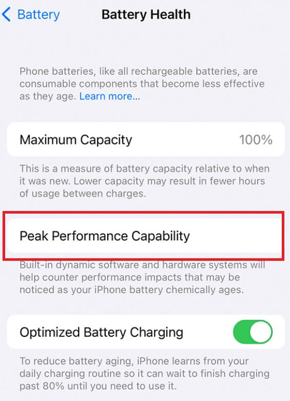 ios-battery-setting-page كيفية التحقق من صحة البطارية على Android