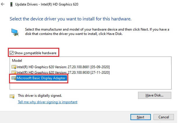 make-sure-you-select-the-box-show-compatible-hard إصلاح عدم عمل سطوع Windows 10