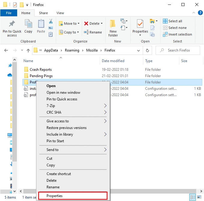 now-right-click-on-the-profiles-folder-and-select إصلاح عدم استجابة Firefox