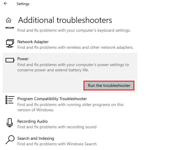 now-select-power-and-run-the-troubleshooter- إصلاح عدم عمل سطوع Windows 10