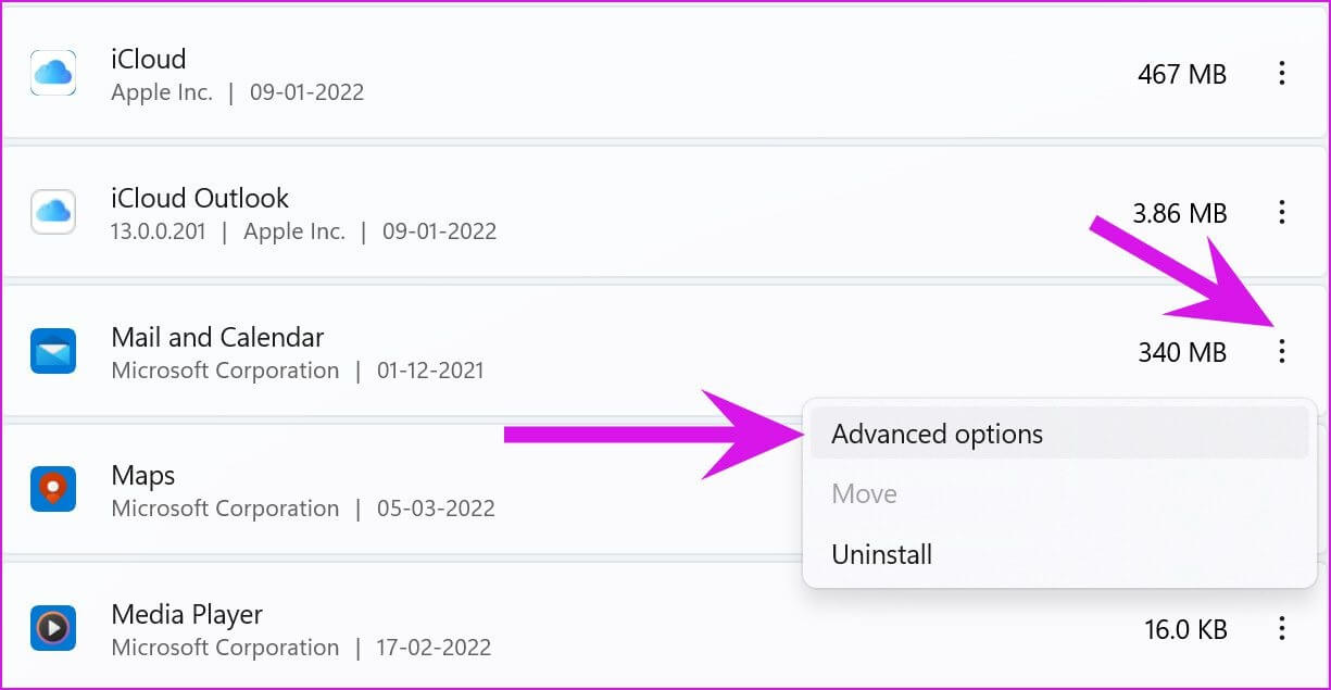 open-advanced-options-fix-mail-app-not-working-on-windows-11-1 أهم 8 طرق لإصلاح عدم عمل البريد والتقويم على Windows 11