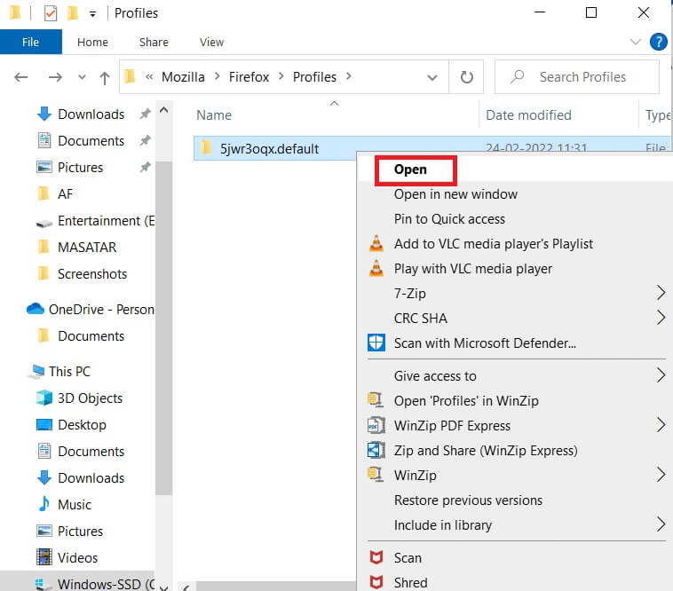 open-folder-ending-with-default إصلاح Firefox قيد التشغيل بالفعل